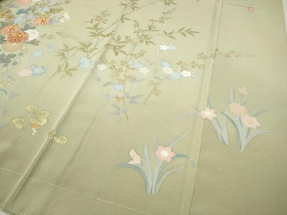 平和屋着物●十日町友禅作家　松雨　訪問着　駒刺繍　草花文　金銀彩　正絹　逸品　未使用　CABH9718ut