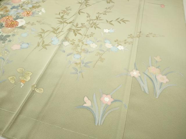 平和屋着物●十日町友禅作家　松雨　訪問着　駒刺繍　草花文　金銀彩　正絹　逸品　未使用　CABH9718ut