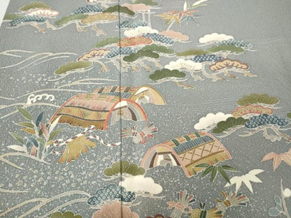 平和屋着物●訪問着　流水風景船草木文　金彩　正絹　逸品　CABH9733ut
