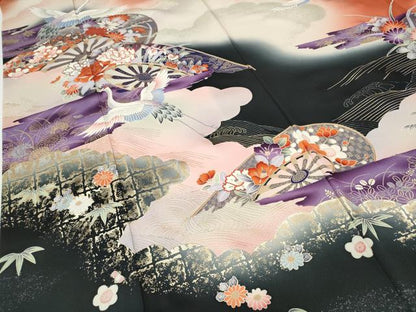 平和屋着物●豪華振袖　上村松園　刺繍　飛鶴片輪車花文　暈し染め　金銀彩　正絹　逸品　CABH9736ut