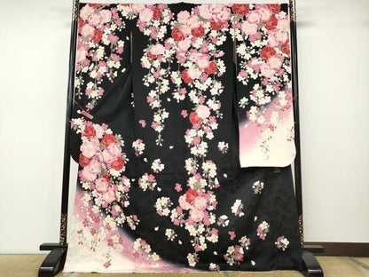 平和屋着物●ファッションブランド　hiromichi nakano　ヒロミチナカノ　振袖　舞桜文　暈し染め　黒地　正絹　逸品　CABH9739ut
