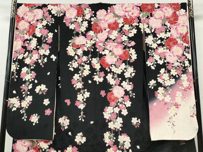 平和屋着物●ファッションブランド　hiromichi nakano　ヒロミチナカノ　振袖　舞桜文　暈し染め　黒地　正絹　逸品　CABH9739ut