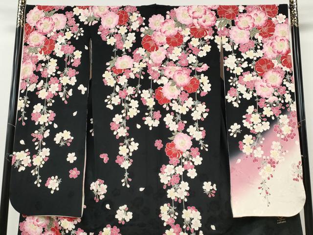 平和屋着物●ファッションブランド　hiromichi nakano　ヒロミチナカノ　振袖　舞桜文　暈し染め　黒地　正絹　逸品　CABH9739ut