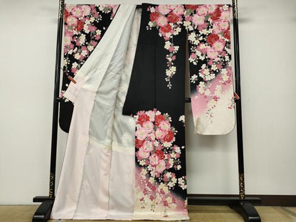平和屋着物●ファッションブランド　hiromichi nakano　ヒロミチナカノ　振袖　舞桜文　暈し染め　黒地　正絹　逸品　CABH9739ut