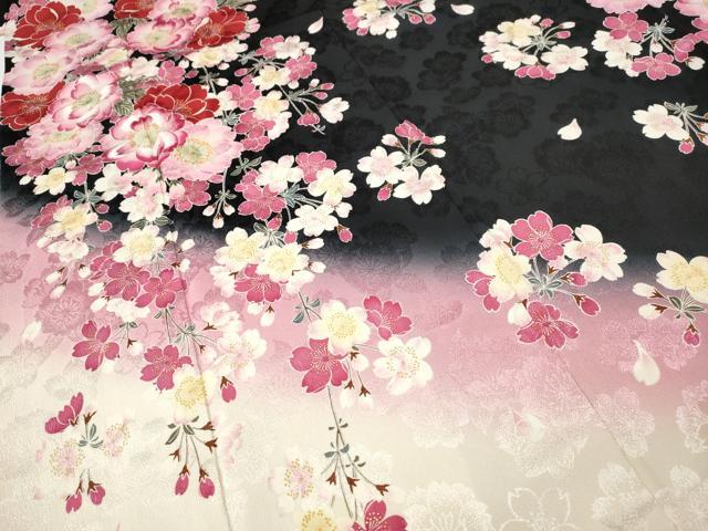 平和屋着物●ファッションブランド　hiromichi nakano　ヒロミチナカノ　振袖　舞桜文　暈し染め　黒地　正絹　逸品　CABH9739ut