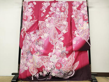 平和屋着物●豪華振袖　花蝶文　ラインストーン　暈し染め　銀通し地　正絹　逸品　CABH9741ut