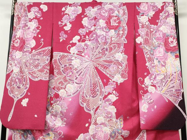 平和屋着物●豪華振袖　花蝶文　ラインストーン　暈し染め　銀通し地　正絹　逸品　CABH9741ut