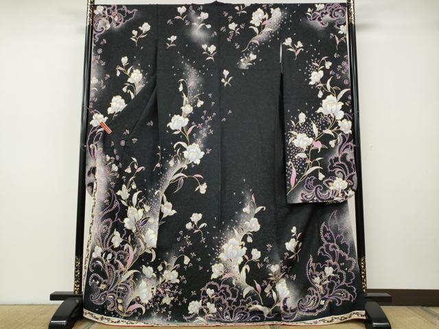 平和屋着物●豪華振袖　刺繍　草花文　黒地　銀通し地　正絹　逸品　CABH9742ut