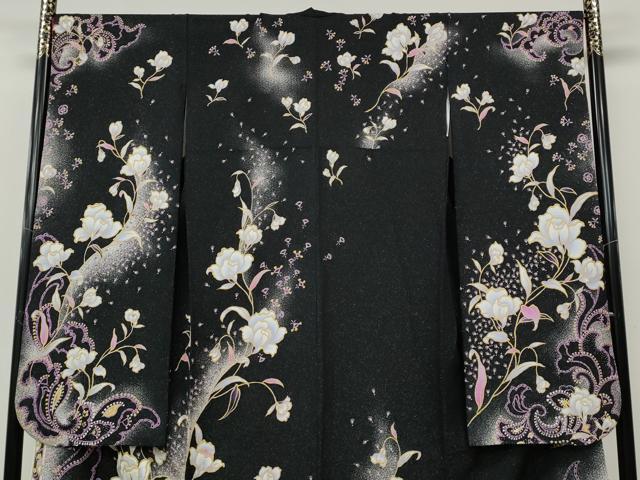 平和屋着物●豪華振袖　刺繍　草花文　黒地　銀通し地　正絹　逸品　CABH9742ut