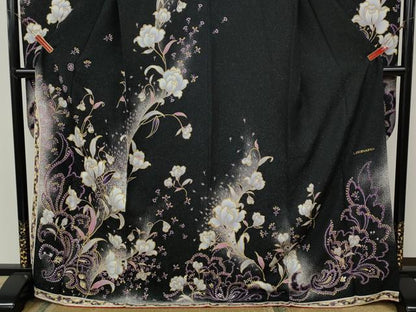 平和屋着物●豪華振袖　刺繍　草花文　黒地　銀通し地　正絹　逸品　CABH9742ut