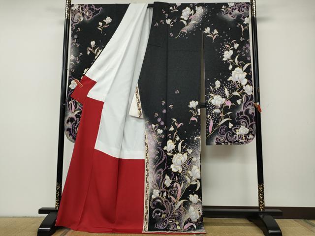平和屋着物●豪華振袖　刺繍　草花文　黒地　銀通し地　正絹　逸品　CABH9742ut