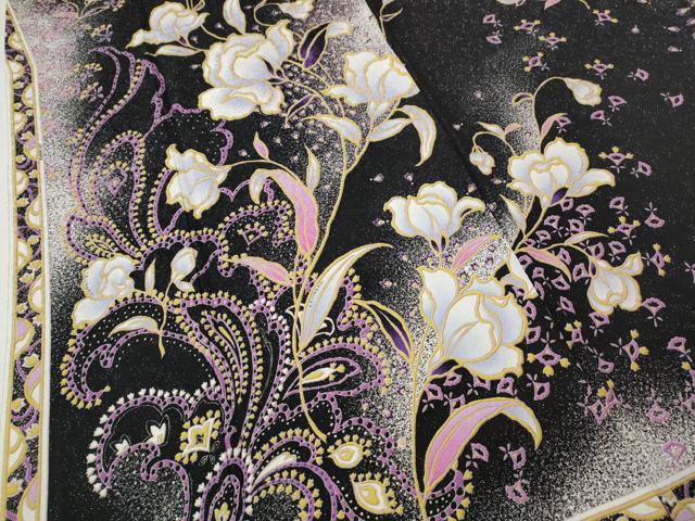 平和屋着物●豪華振袖　刺繍　草花文　黒地　銀通し地　正絹　逸品　CABH9742ut
