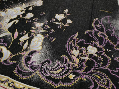 平和屋着物●豪華振袖　刺繍　草花文　黒地　銀通し地　正絹　逸品　CABH9742ut