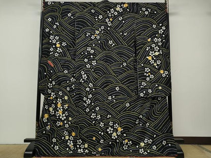 平和屋着物●豪華振袖　駒刺繍　絞り　流水花文　黒地　正絹　逸品　CABH9744ut