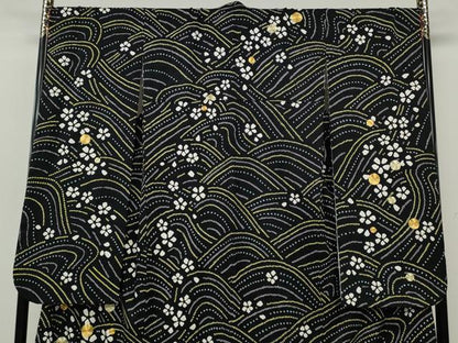 平和屋着物●豪華振袖　駒刺繍　絞り　流水花文　黒地　正絹　逸品　CABH9744ut