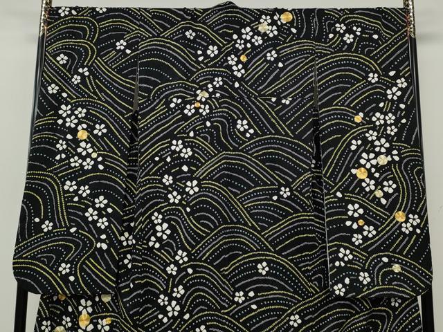 平和屋着物●豪華振袖　駒刺繍　絞り　流水花文　黒地　正絹　逸品　CABH9744ut