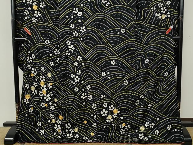 平和屋着物●豪華振袖　駒刺繍　絞り　流水花文　黒地　正絹　逸品　CABH9744ut