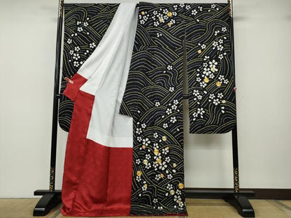 平和屋着物●豪華振袖　駒刺繍　絞り　流水花文　黒地　正絹　逸品　CABH9744ut