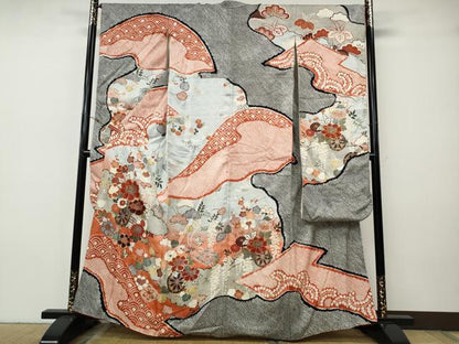 平和屋着物●豪華振袖　絞り　道長花車文　金銀彩　正絹　逸品　CABH9746ut