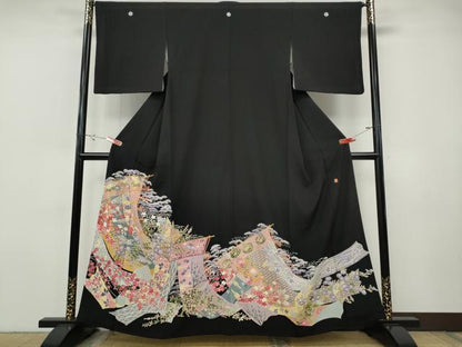 平和屋着物●本加賀友禅作家　白坂幸蔵　黒留袖　几帳草花文　正絹　逸品　CABH9755ut