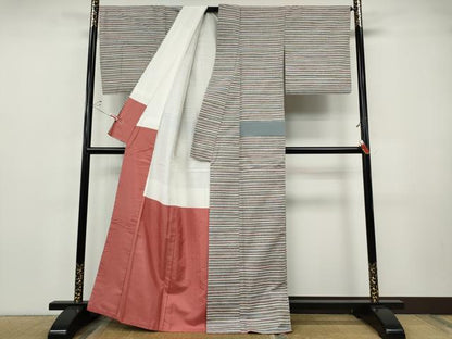 平和屋着物●上質な紬　横段文　正絹　逸品　CABH9759ut