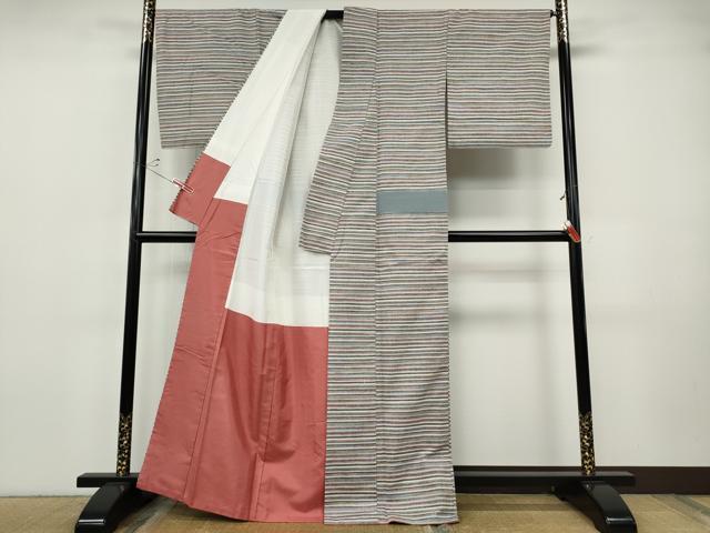 平和屋着物●上質な紬　横段文　正絹　逸品　CABH9759ut
