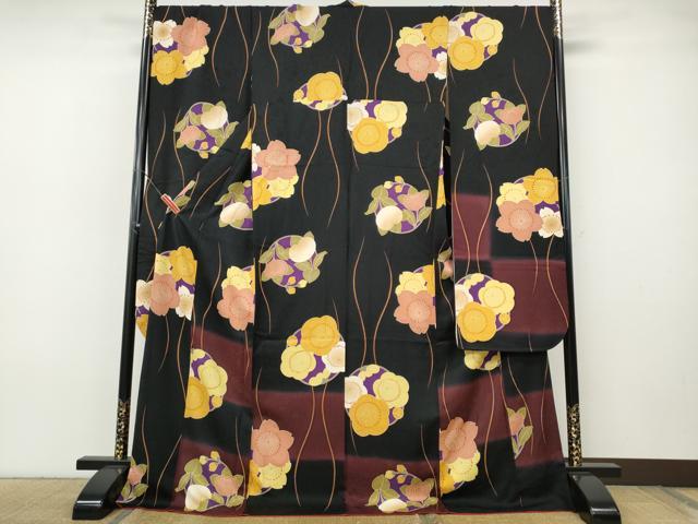 平和屋着物●豪華振袖　立涌花丸文　暈し染め　黒地　正絹　逸品　CABH9791ut