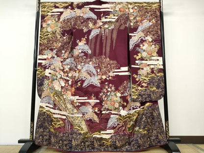 平和屋着物●豪華振袖　駒刺繍　エ霞渡橋花車文　金銀彩　正絹　逸品　CABH9795ut