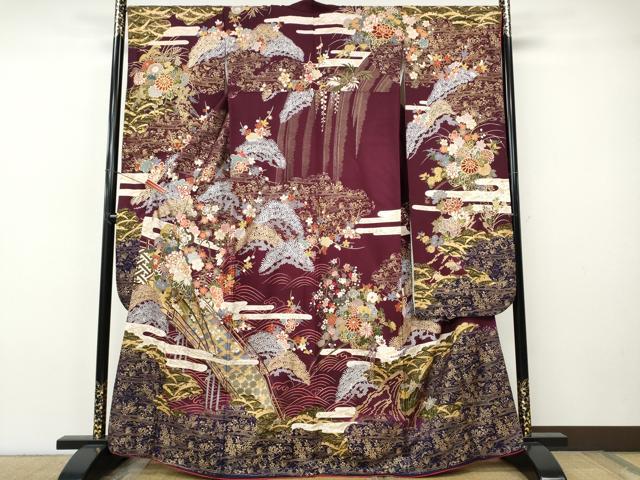 平和屋着物●豪華振袖　駒刺繍　エ霞渡橋花車文　金銀彩　正絹　逸品　CABH9795ut