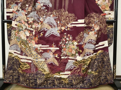 平和屋着物●豪華振袖　駒刺繍　エ霞渡橋花車文　金銀彩　正絹　逸品　CABH9795ut