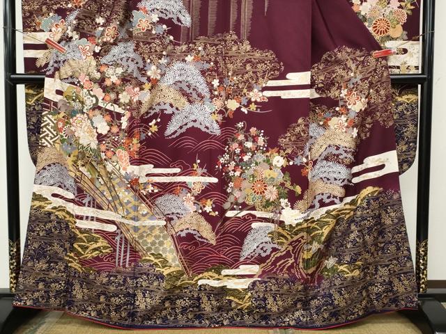 平和屋着物●豪華振袖　駒刺繍　エ霞渡橋花車文　金銀彩　正絹　逸品　CABH9795ut