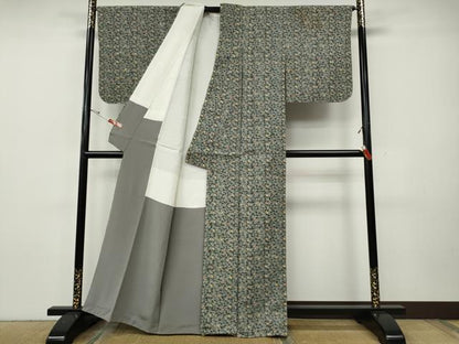 平和屋着物●上質な紬　型染め　蔦の葉花文　正絹　逸品　CABH9809ut