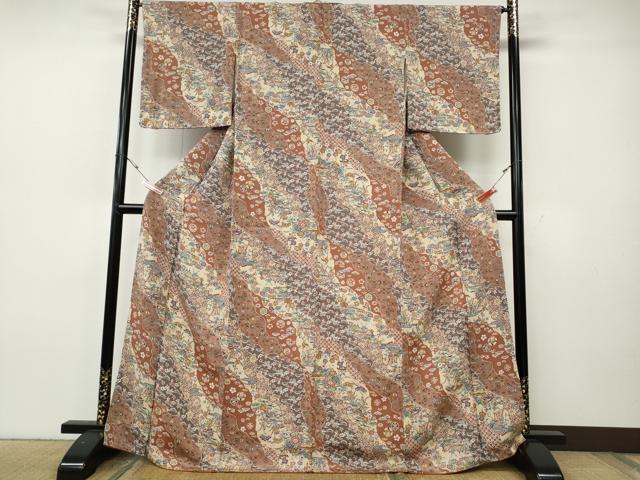 平和屋着物●上質な小紋　型染め　道長風景花文　鬼しぼ縮緬　正絹　逸品　CABH9812ut