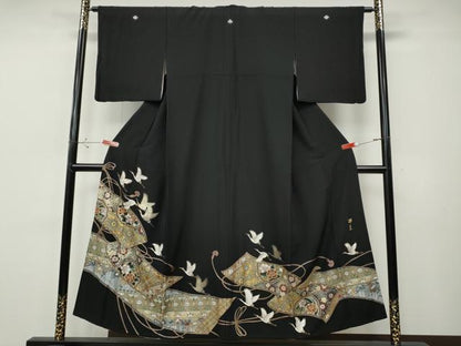 平和屋着物●英王室献上友禅作家　木下勝功　黒留袖　飛鶴蒔絵花文　ラインストーン　金彩　正絹　逸品　CABH9859ut