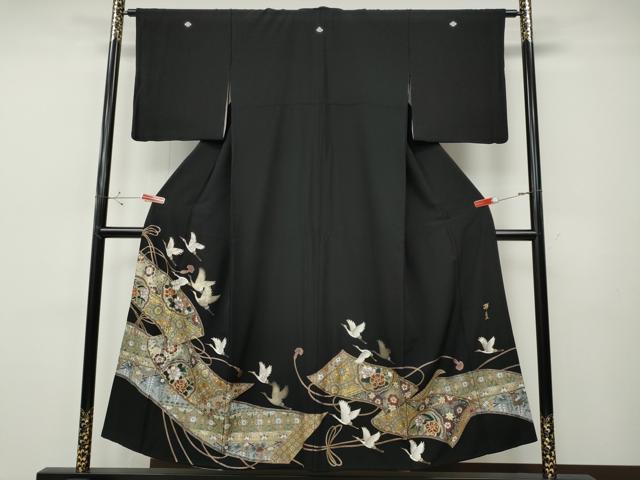 平和屋着物●英王室献上友禅作家　木下勝功　黒留袖　飛鶴蒔絵花文　ラインストーン　金彩　正絹　逸品　CABH9859ut