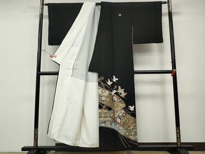 平和屋着物●英王室献上友禅作家　木下勝功　黒留袖　飛鶴蒔絵花文　ラインストーン　金彩　正絹　逸品　CABH9859ut