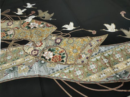 平和屋着物●英王室献上友禅作家　木下勝功　黒留袖　飛鶴蒔絵花文　ラインストーン　金彩　正絹　逸品　CABH9859ut