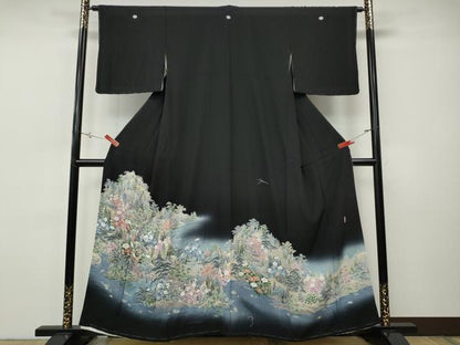 平和屋着物●豪華黒留袖　友禅　作家物　風景草花文　暈し染め　正絹　逸品　CABH9860ut