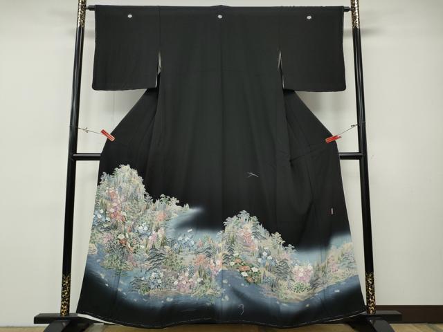 平和屋着物●豪華黒留袖　友禅　作家物　風景草花文　暈し染め　正絹　逸品　CABH9860ut