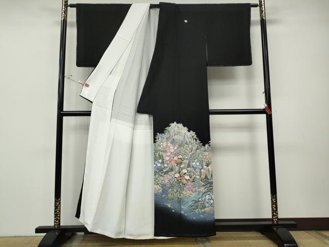 平和屋着物●豪華黒留袖　友禅　作家物　風景草花文　暈し染め　正絹　逸品　CABH9860ut