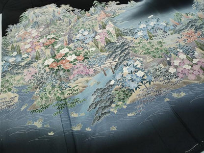 平和屋着物●豪華黒留袖　友禅　作家物　風景草花文　暈し染め　正絹　逸品　CABH9860ut