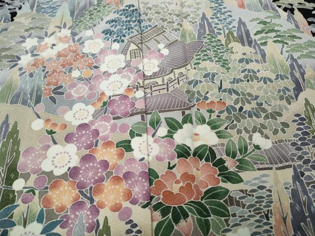 平和屋着物●豪華黒留袖　友禅　作家物　風景草花文　暈し染め　正絹　逸品　CABH9860ut