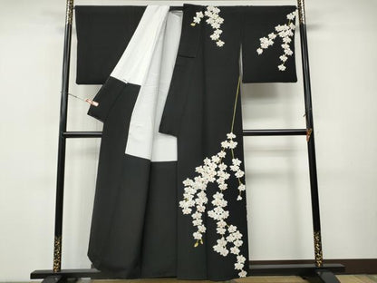 平和屋着物●日本舞踊家 岩井流宗元　岩井友見　訪問着　駒刺繍　枝垂れ花文　黒地　正絹　逸品　CABH9868ut
