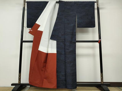 平和屋着物●結城紬　80亀甲　風景草木文　正絹　逸品　CABH9875ut