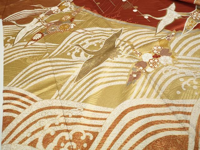 平和屋着物●豪華振袖　駒刺繍　立波飛鶴花文　金彩　正絹　逸品　CABH9885ut