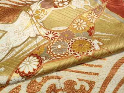 平和屋着物●豪華振袖　駒刺繍　立波飛鶴花文　金彩　正絹　逸品　CABH9885ut