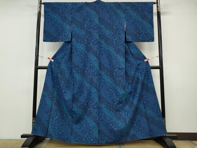 平和屋着物●上質な小紋　紬地　藍　道長更紗花文　正絹　逸品　CABH9906ut