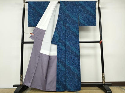 平和屋着物●上質な小紋　紬地　藍　道長更紗花文　正絹　逸品　CABH9906ut