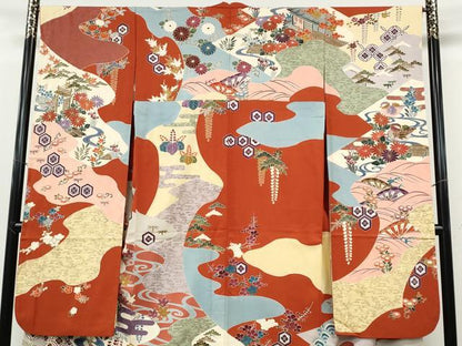 平和屋着物●豪華振袖　駒刺繍　流水風景草花文　金彩　正絹　逸品　CABH9910ut