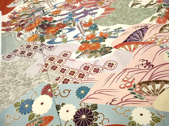 平和屋着物●豪華振袖　駒刺繍　流水風景草花文　金彩　正絹　逸品　CABH9910ut